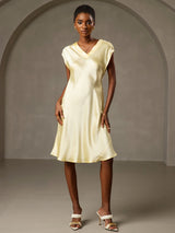 [Yellow] SilkSilky-UK Cap Sleeve V Neck Dress 006