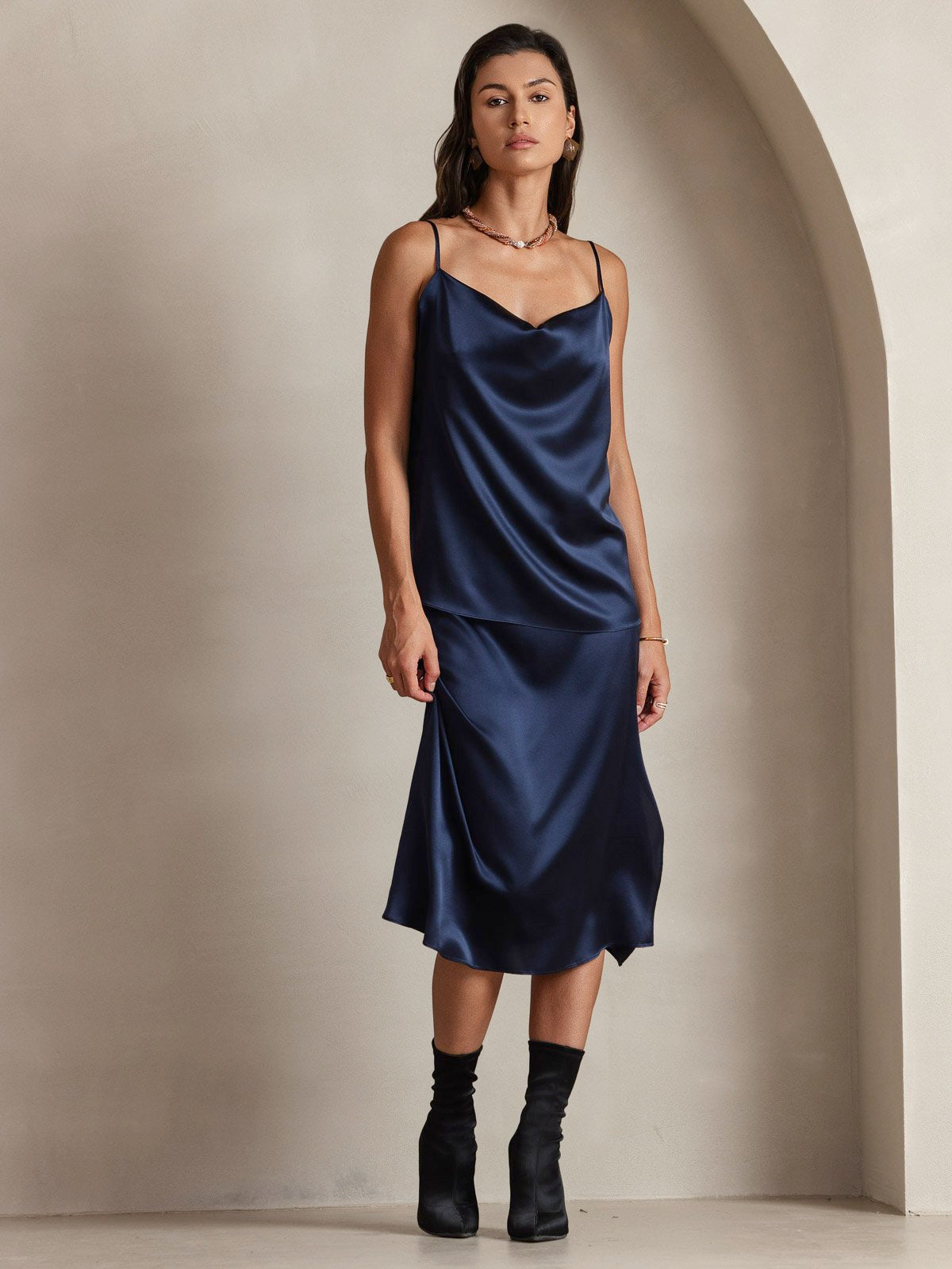 [Dark Blue] SilkSilky-UK 19Momme Silk Spaghetti Strap Cowl Neck Camisole 007