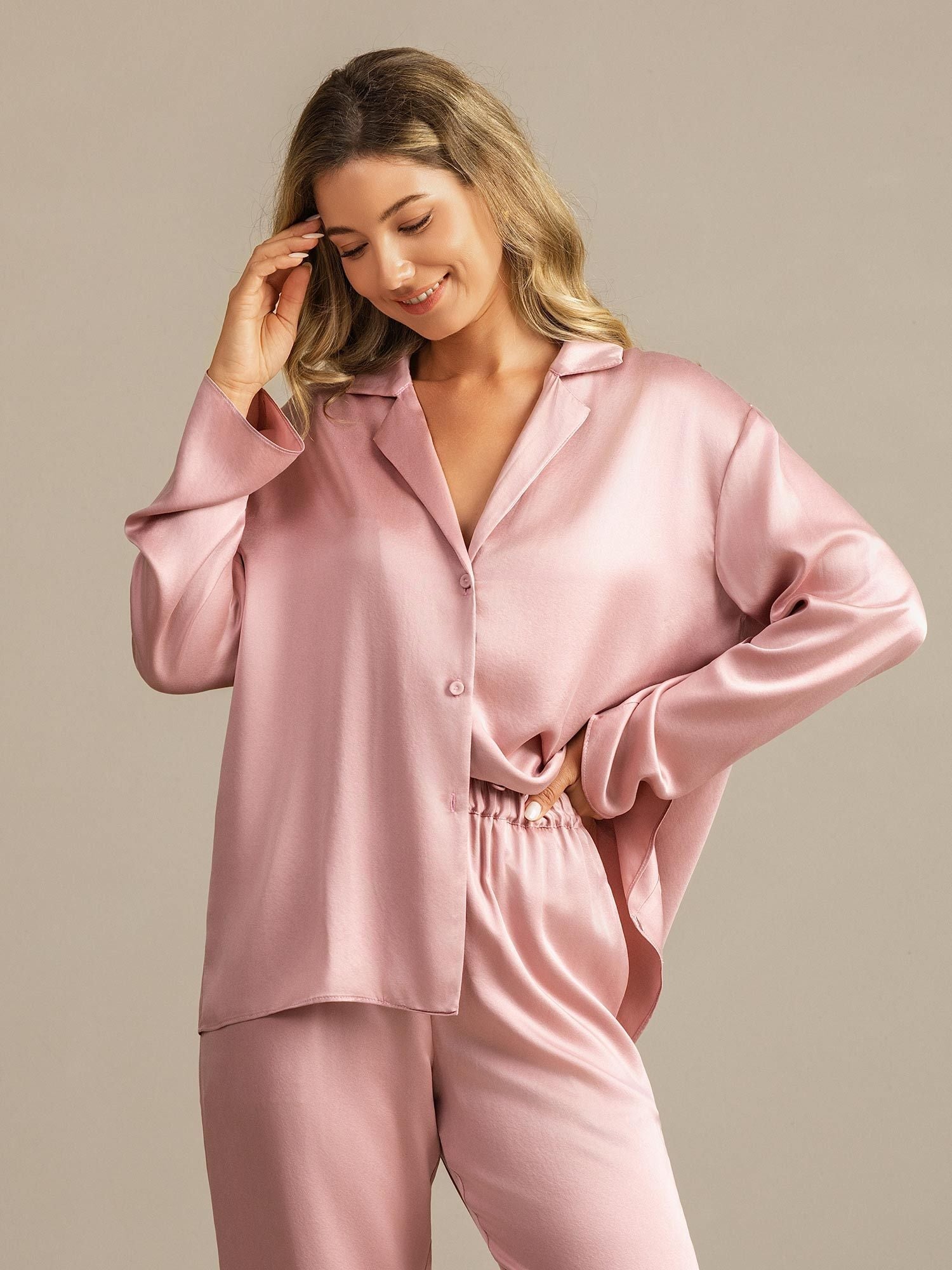 [Peach Skin] SilkSilky-UK 19Momme Machine-Washable Silk Notched Neck Women's Pyjamas 007