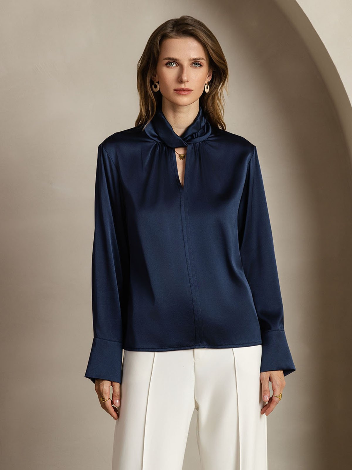 [DarkBlue] SilkSilky-UK 19Momme Silk Keyhole Neck Women's Shirt 001