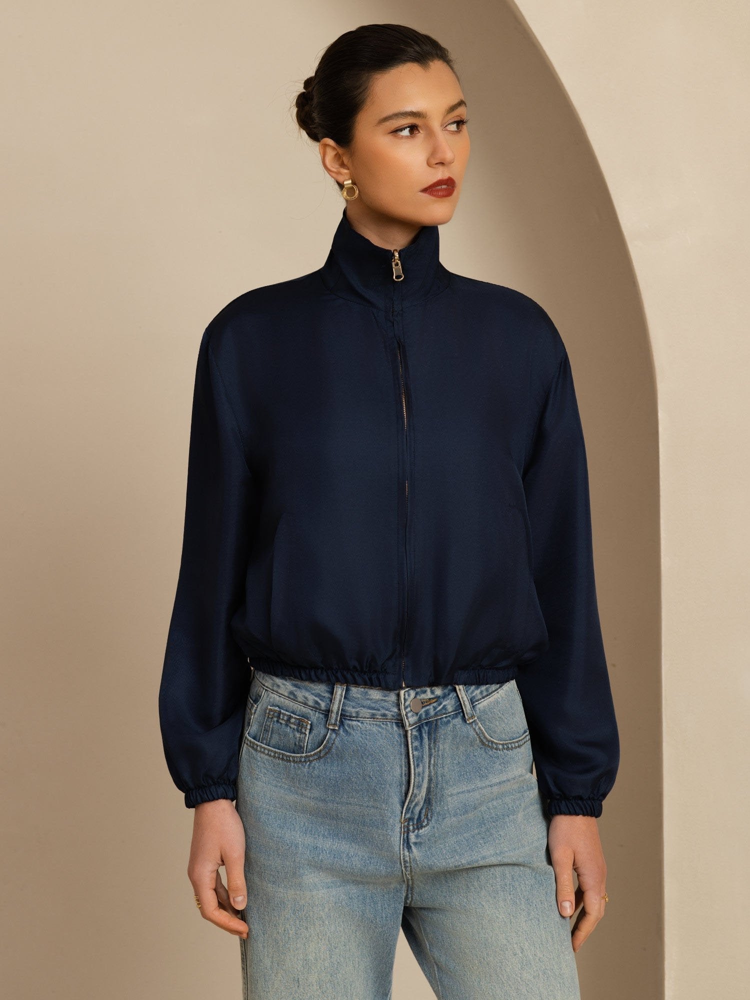 [Black+DarkBlue] SilkSilky-UK 18Momme Silk Satin Surah Long Sleeve Stand Collar Women's Outerwear 004