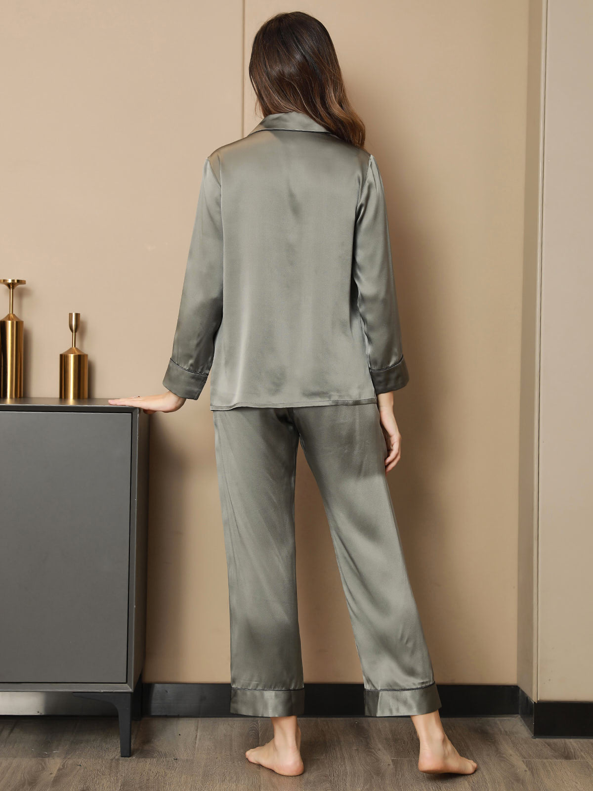 [Grayish Green] SilkSilky-UK Pure Silk Long Sleeve Notch Collar Women's Pyjamas 002