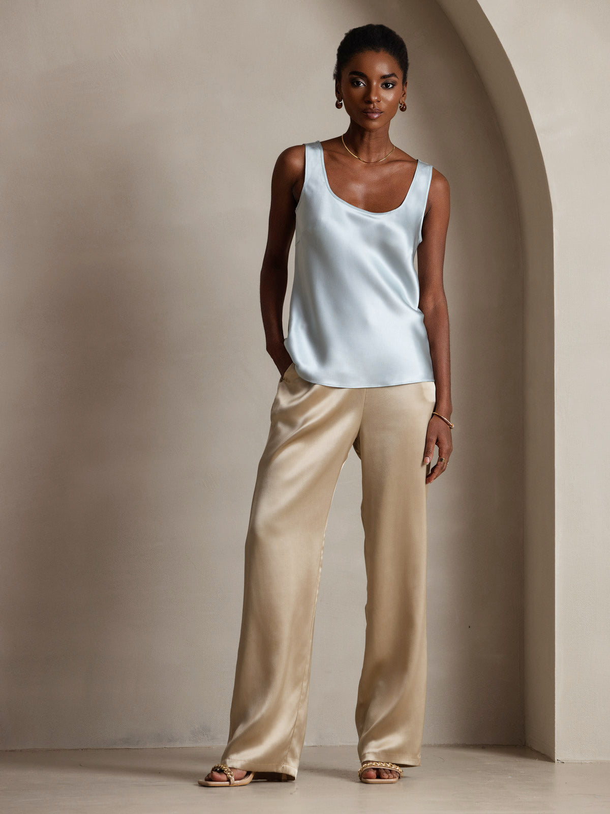 [Light Blue] SilkSilky-UK 19Momme Silk Sleeveless U Neck Camisole 006