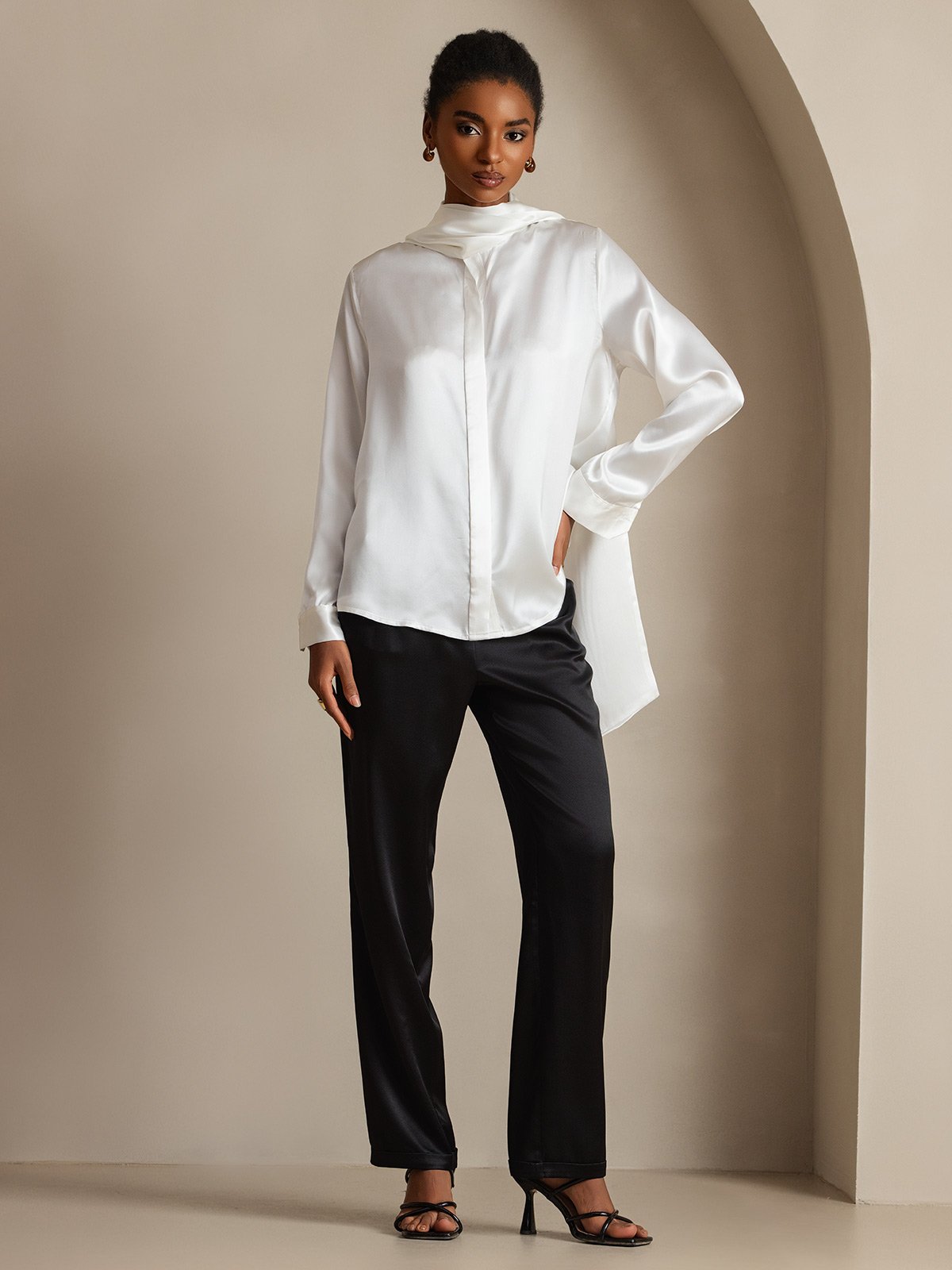 [White] SilkSilky-UK 19Momme Silk Tie Neck Women's Shirt 006