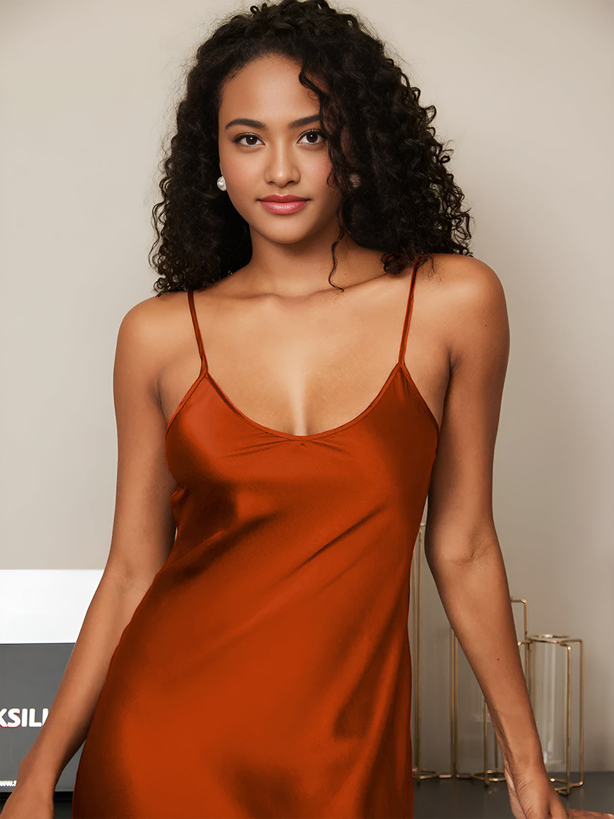 [Caramel] SilkSilky-UK Spaghetti Strap V Neck Dress 005