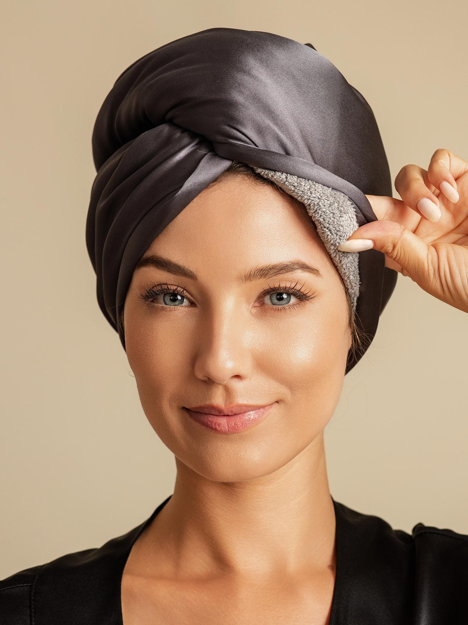 [Dark Gray] SilkSilky-UK Pure Silk Wrap Hair Towel Wrap 005,