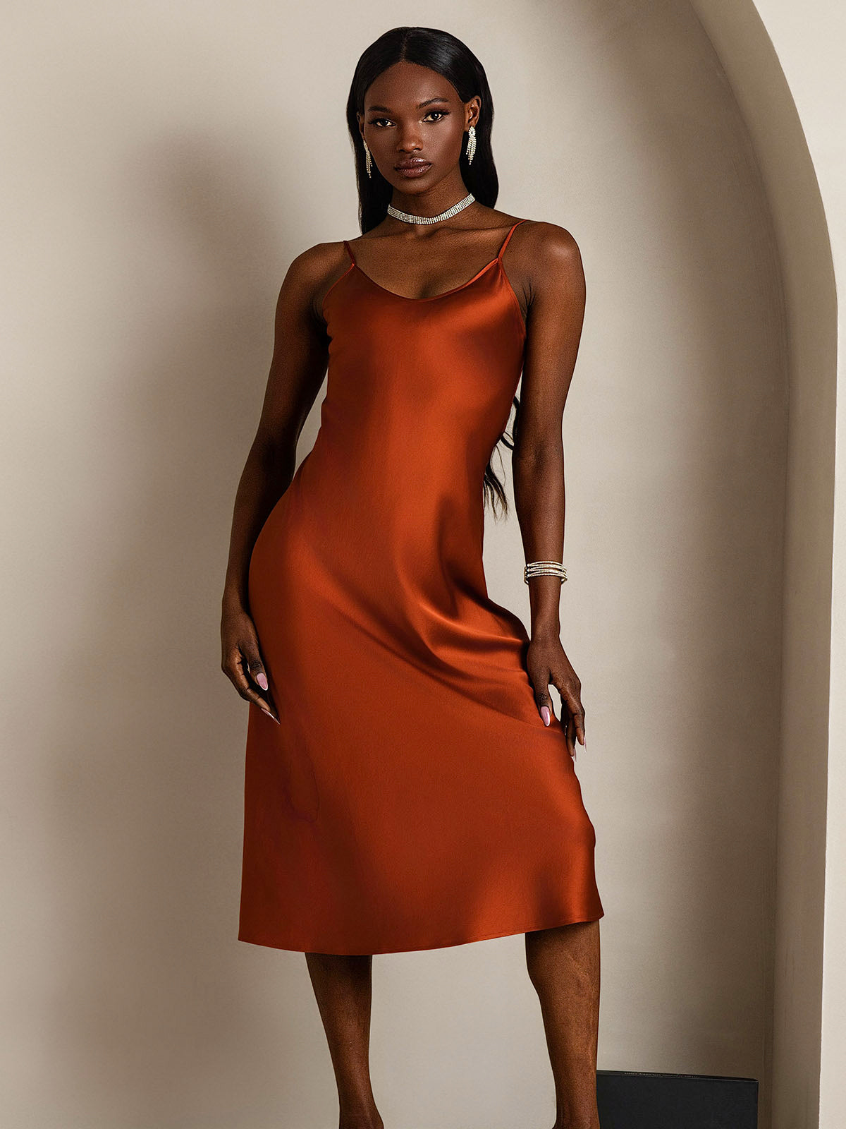 SilkSilky-UK Pure Silk Sleeveless Round Neck Dress Caramel 004