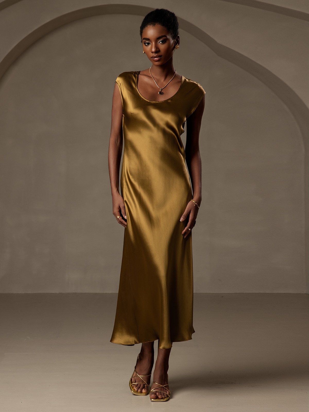 [Brown] SilkSilky-UK Cap Sleeve Dress 001