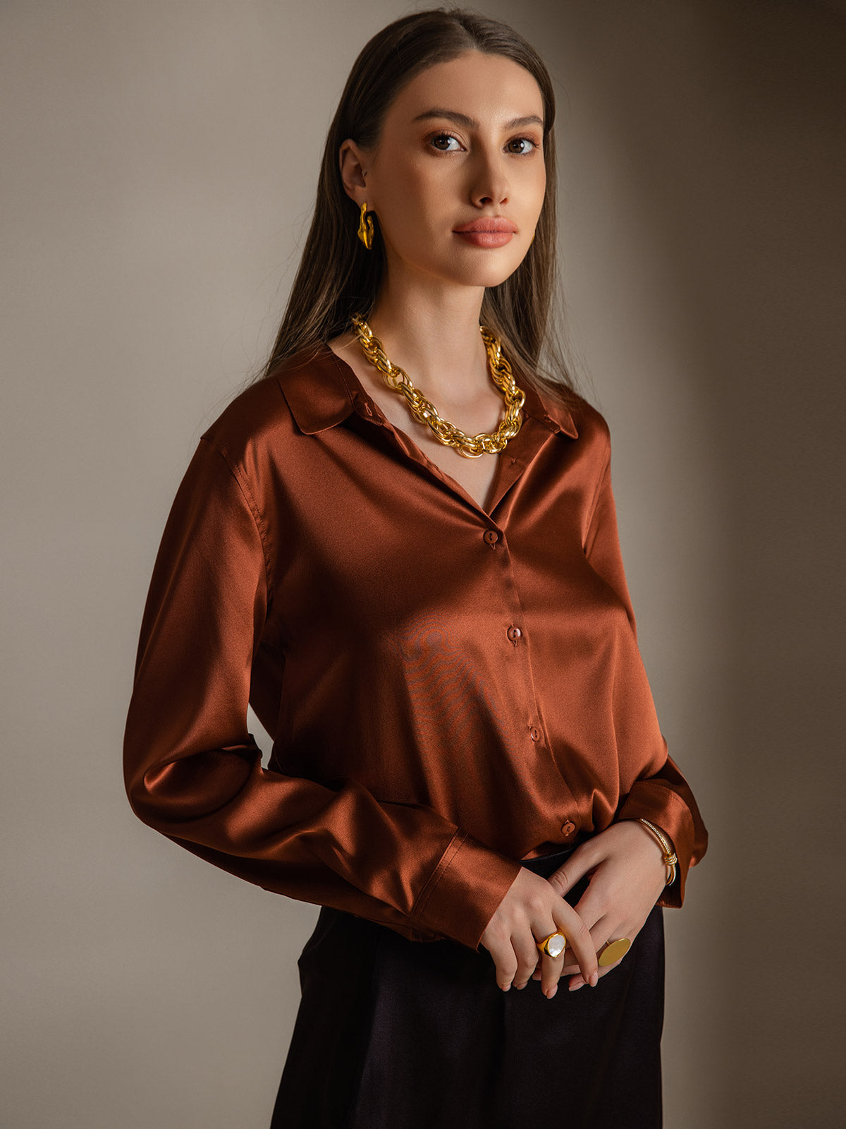 [Caramel] SilkSilky-UK 19Momme Stretch Silk Charmeuse Long Sleeve Lapel Collar Women's Shirt 003