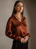 SilkSilky-UK Silk Long Sleeve Collar Women's Shirt Coffee 004