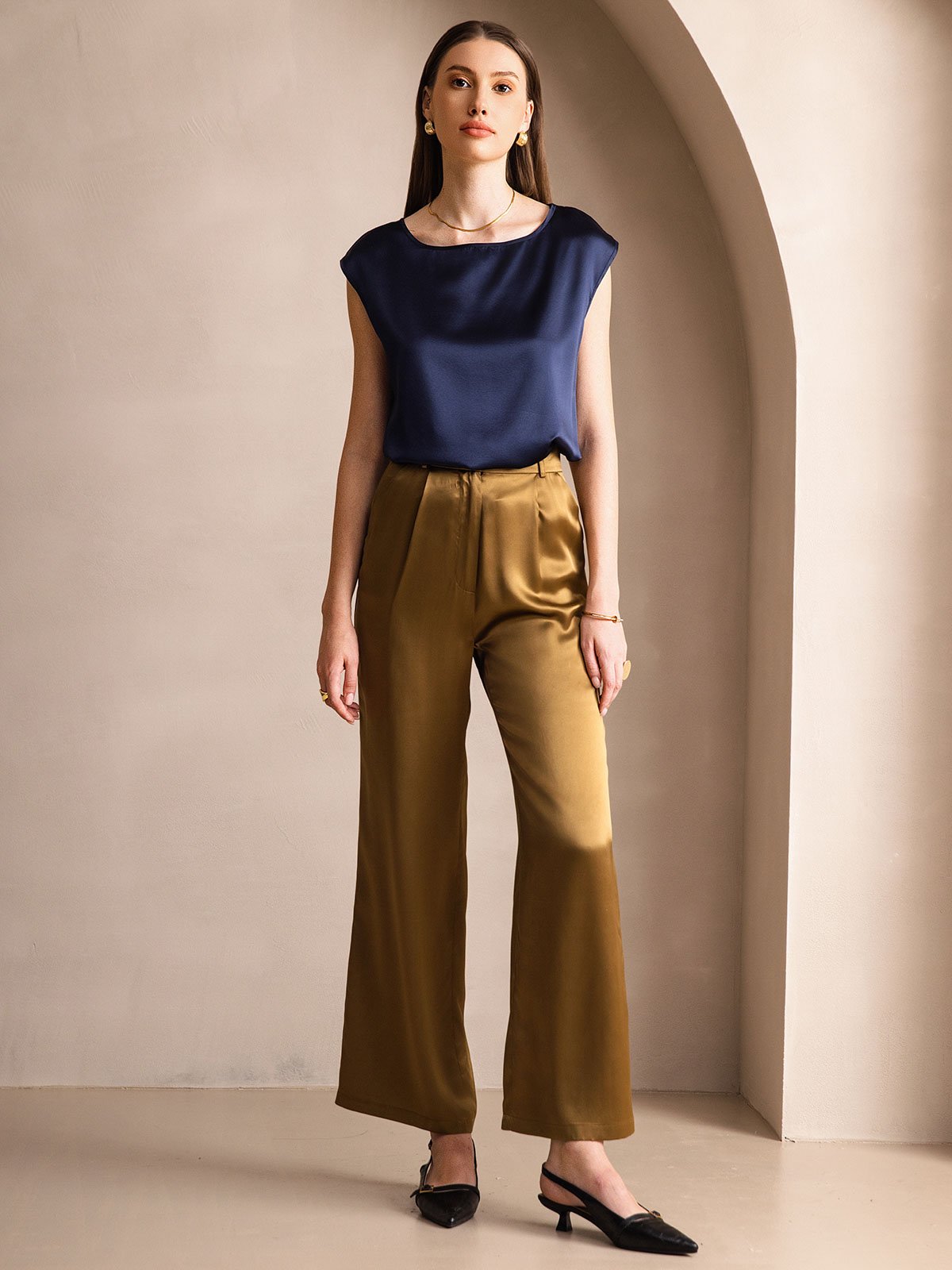 [Dark Blue] SilkSilky-UK 19Momme Silk Round Neck Women's T-Shirt 004