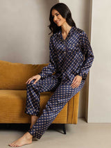 [Navy Chain] SilkSilky-UK Long Sleeve Lapel Collar Women's Pyjamas 004