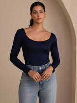 [Dark Blue] SilkSilky-UK Long Sleeve U Neck Women's T-Shirt 003