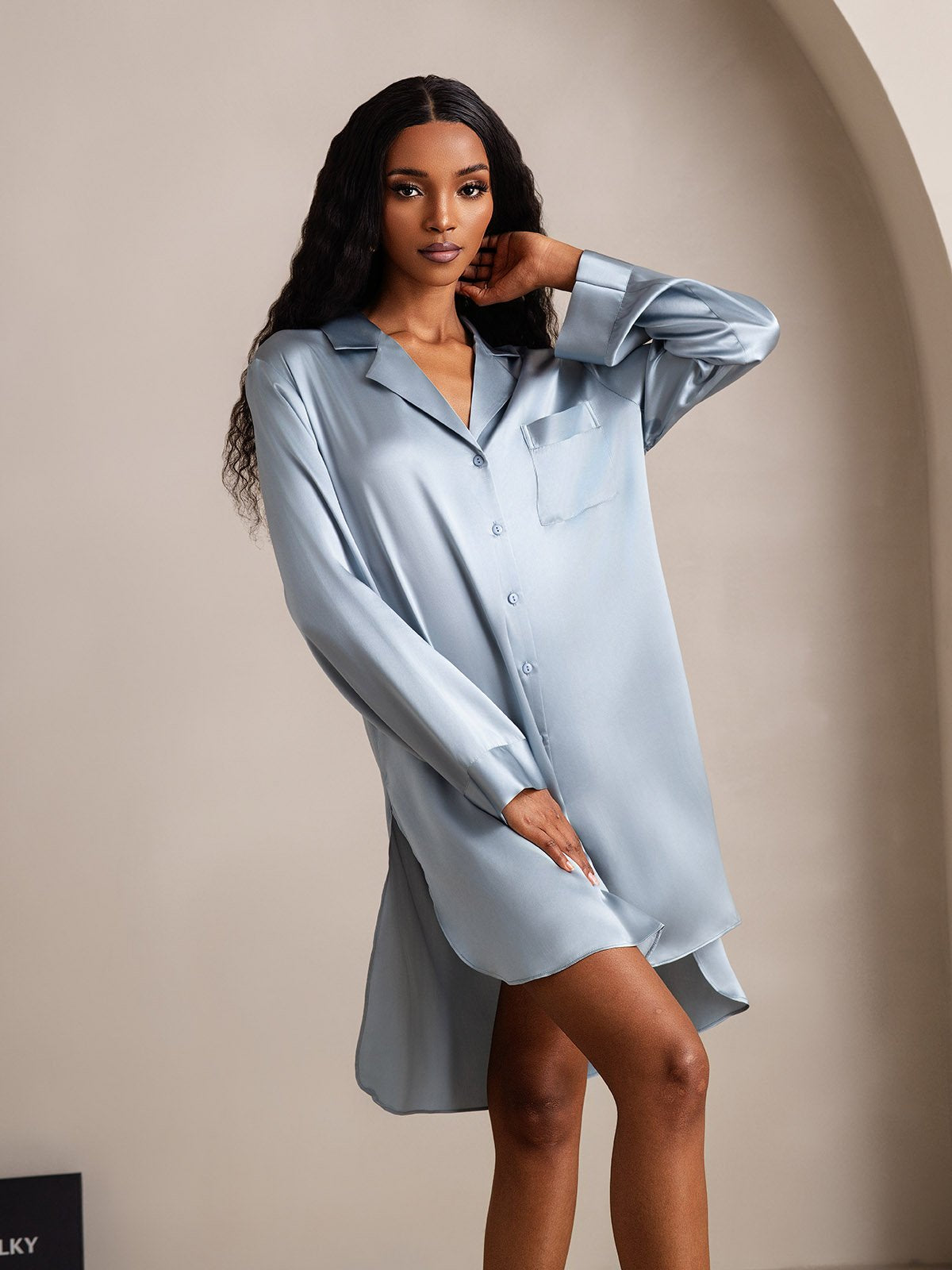 [GrayishBlue] SilkSilky-UK Pure Silk Collar Nightdress 007