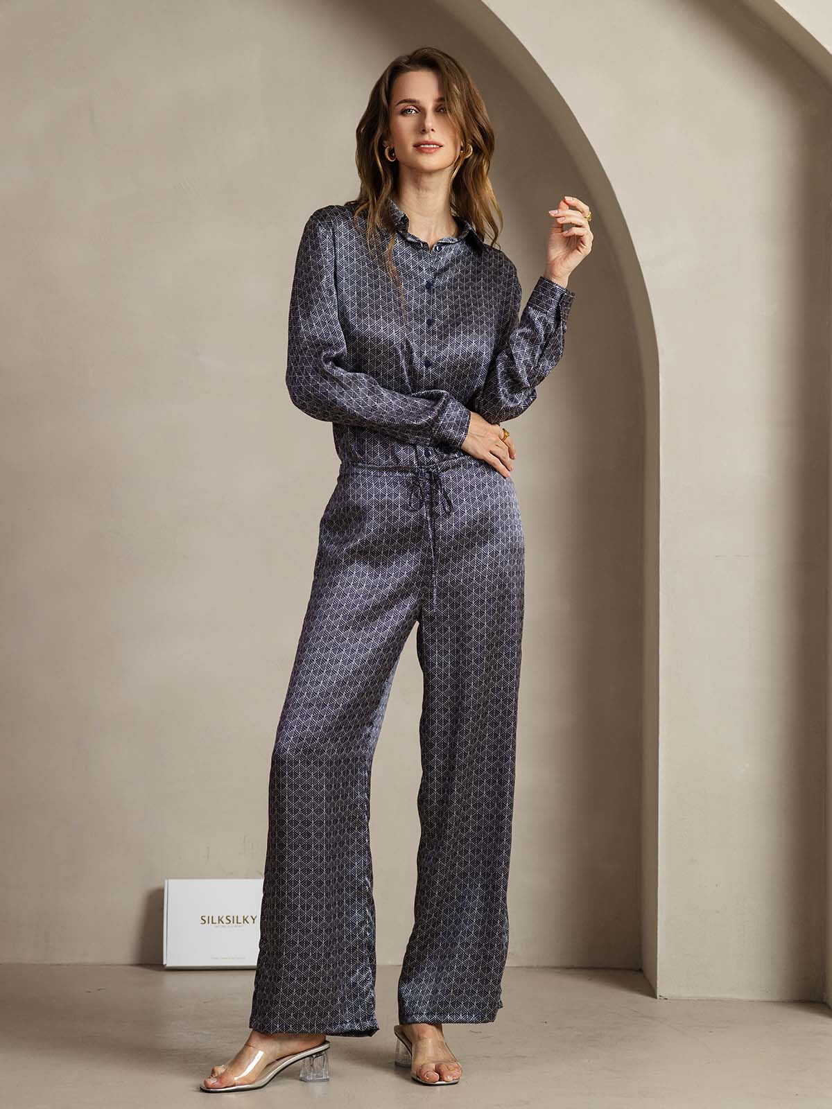 [Navy Ginkgo] SilkSilky-UK 19Momme Silk Womens Pants 003