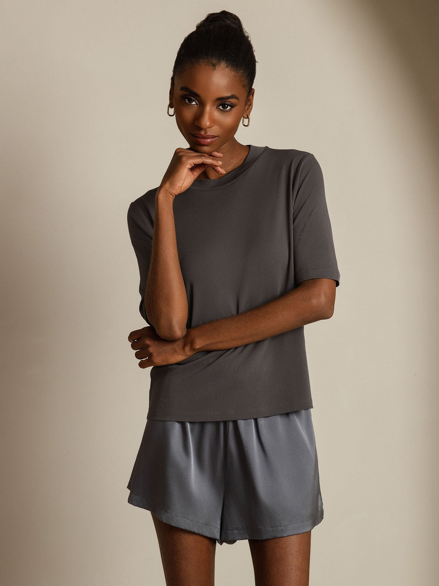 [Gray] SilkSilky-UK Pure Silk Round Neck Women's T-Shirt 005