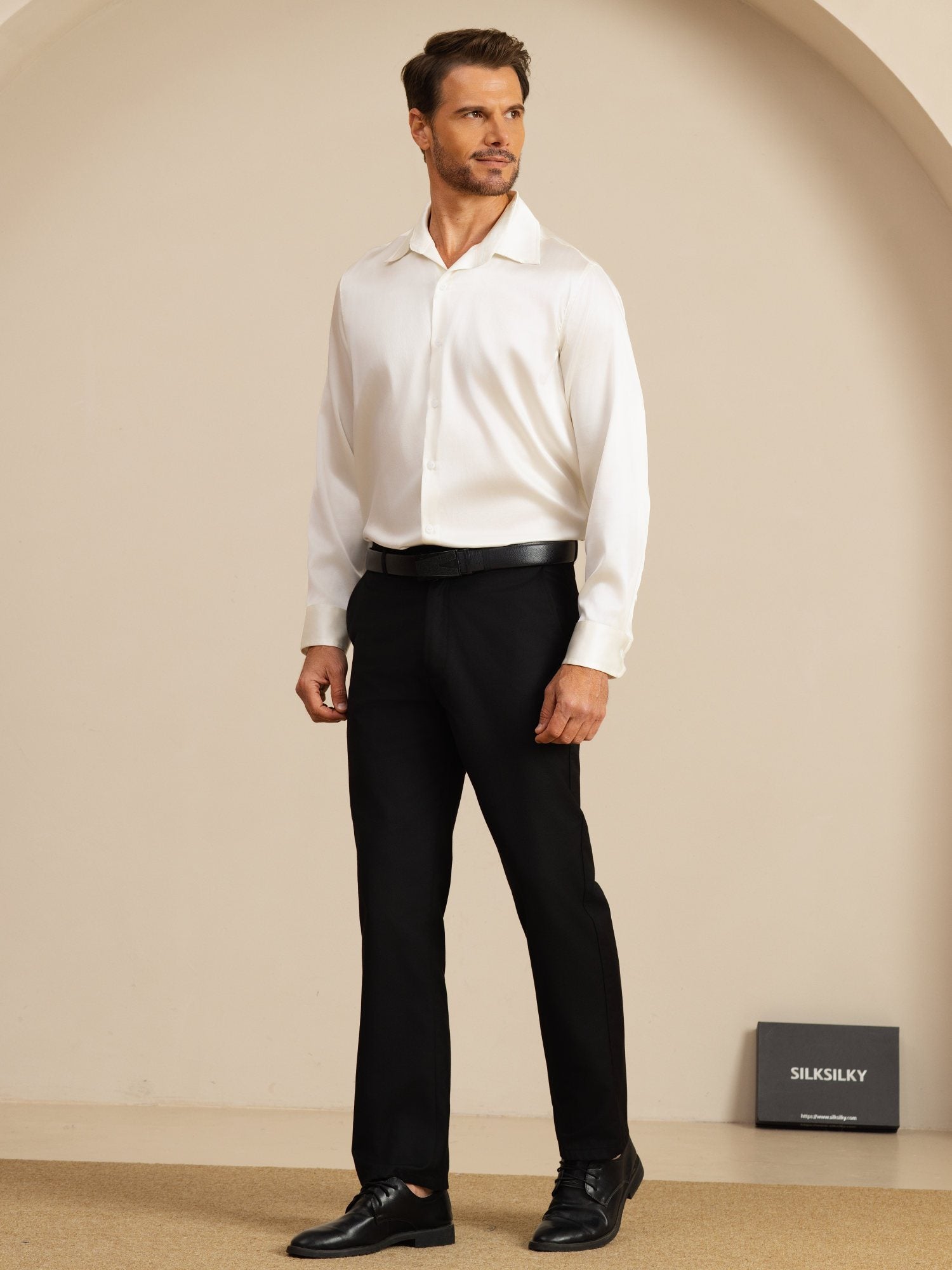 [White] SilkSilky-UK 19Momme Stretch Silk Charmeuse Long Sleeve Lapel Collar Men's Shirt 007