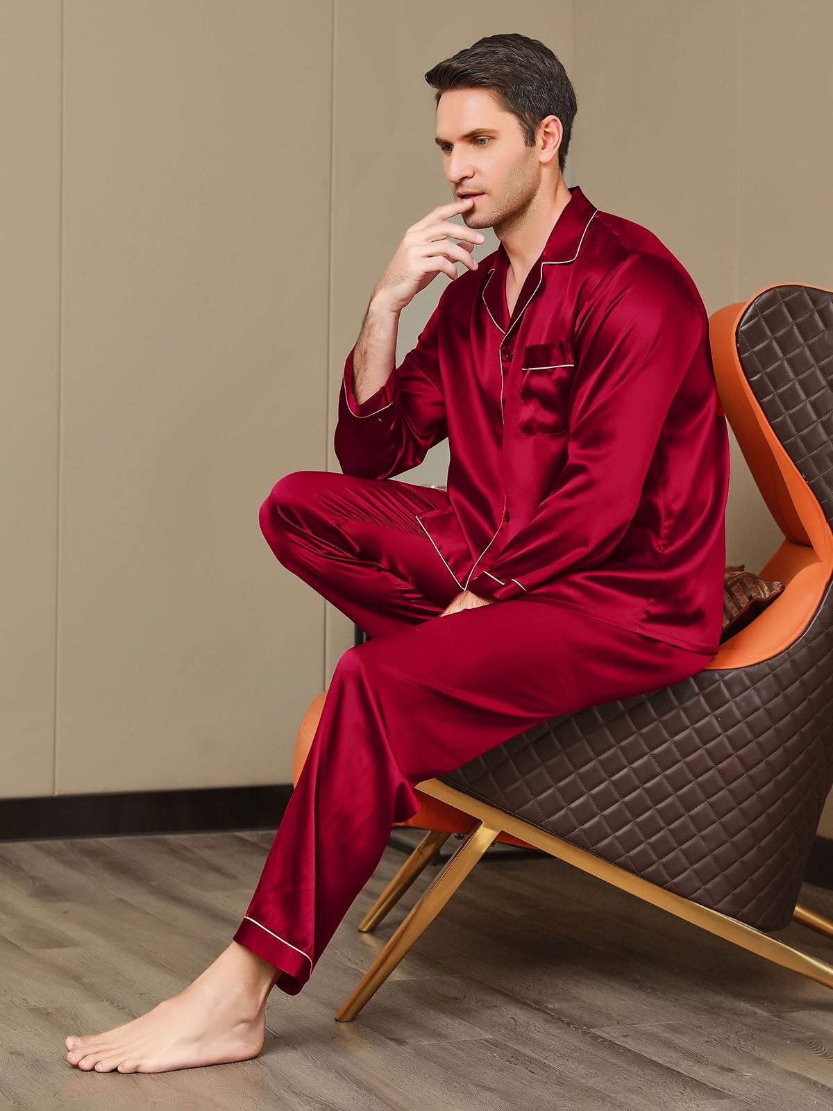 SilkSilky-UK Pure Silk Long Sleeve Lapel Men's Pyjamas Wine 005