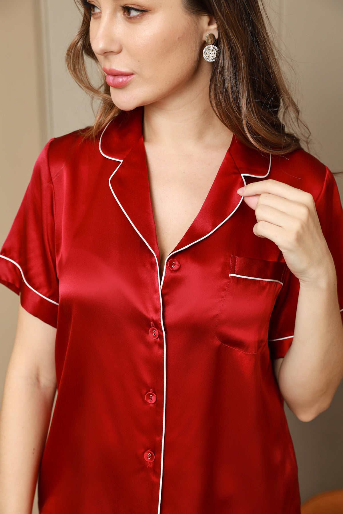 SilkSilky-UK Pure Silk Short Sleeve Lapel Women's Pyjamas Wine 008