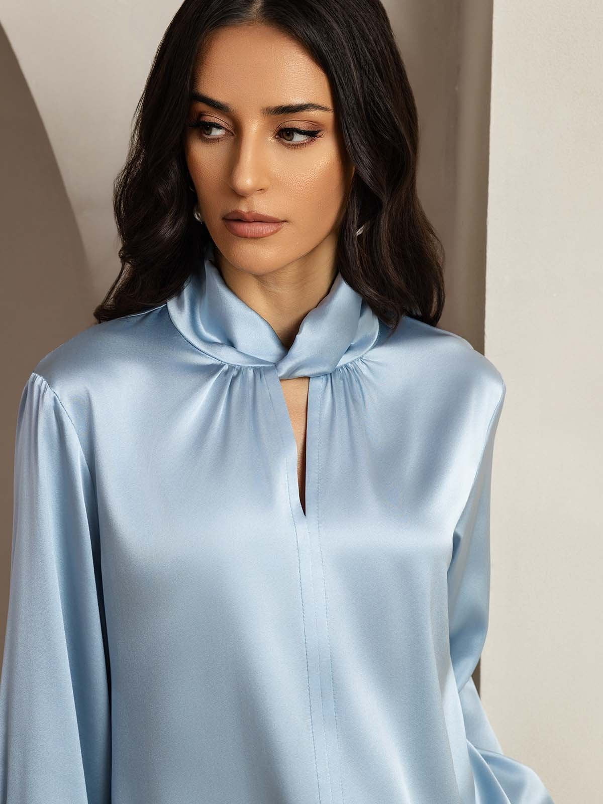 [Grayish Blue] SilkSilky-UK 19Momme Silk Keyhole Neck Women's Shirt 003