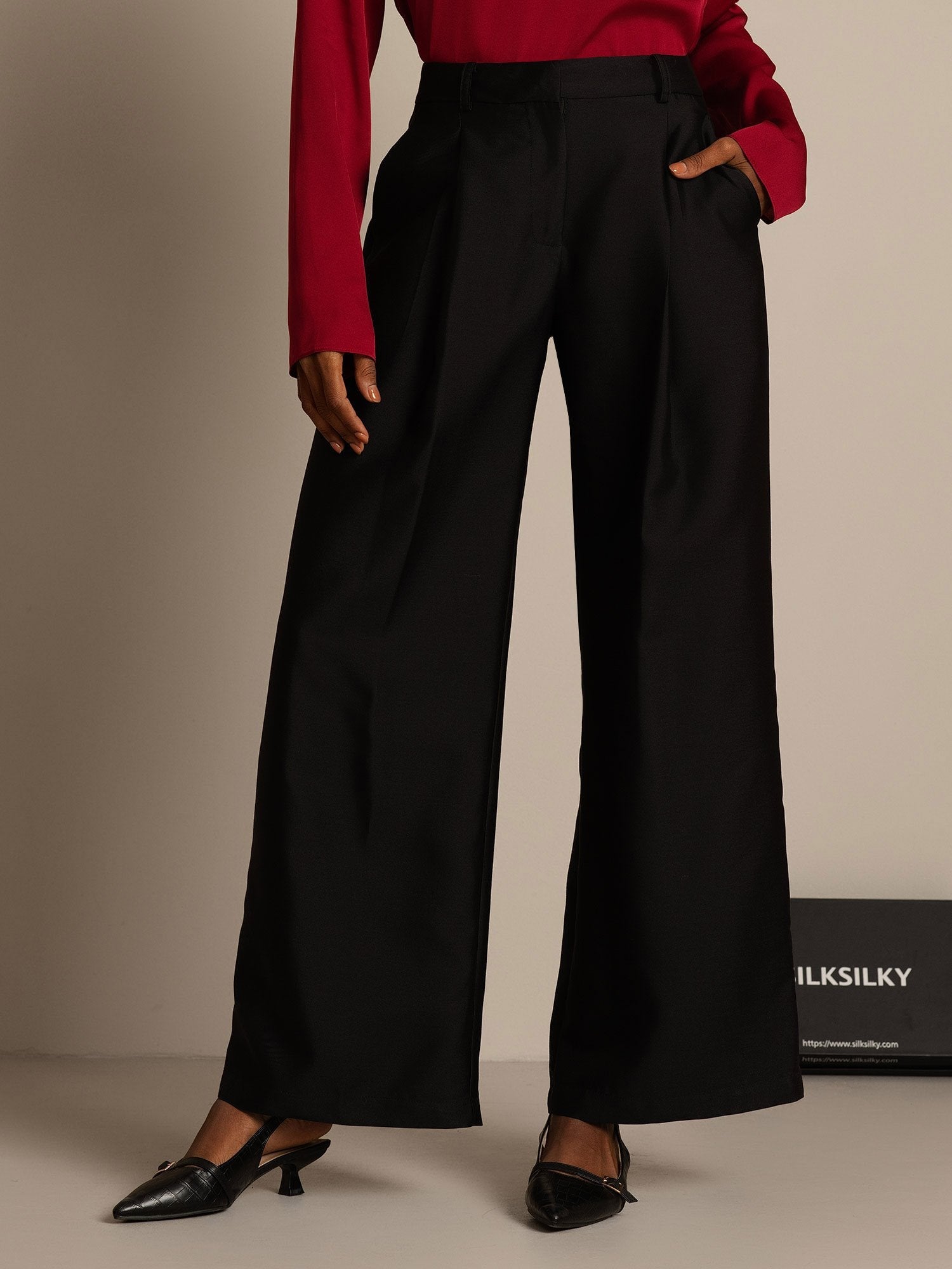 [Black] SilkSilky-UK 32Momme Silk-Wool Blend Womens Pants 001,