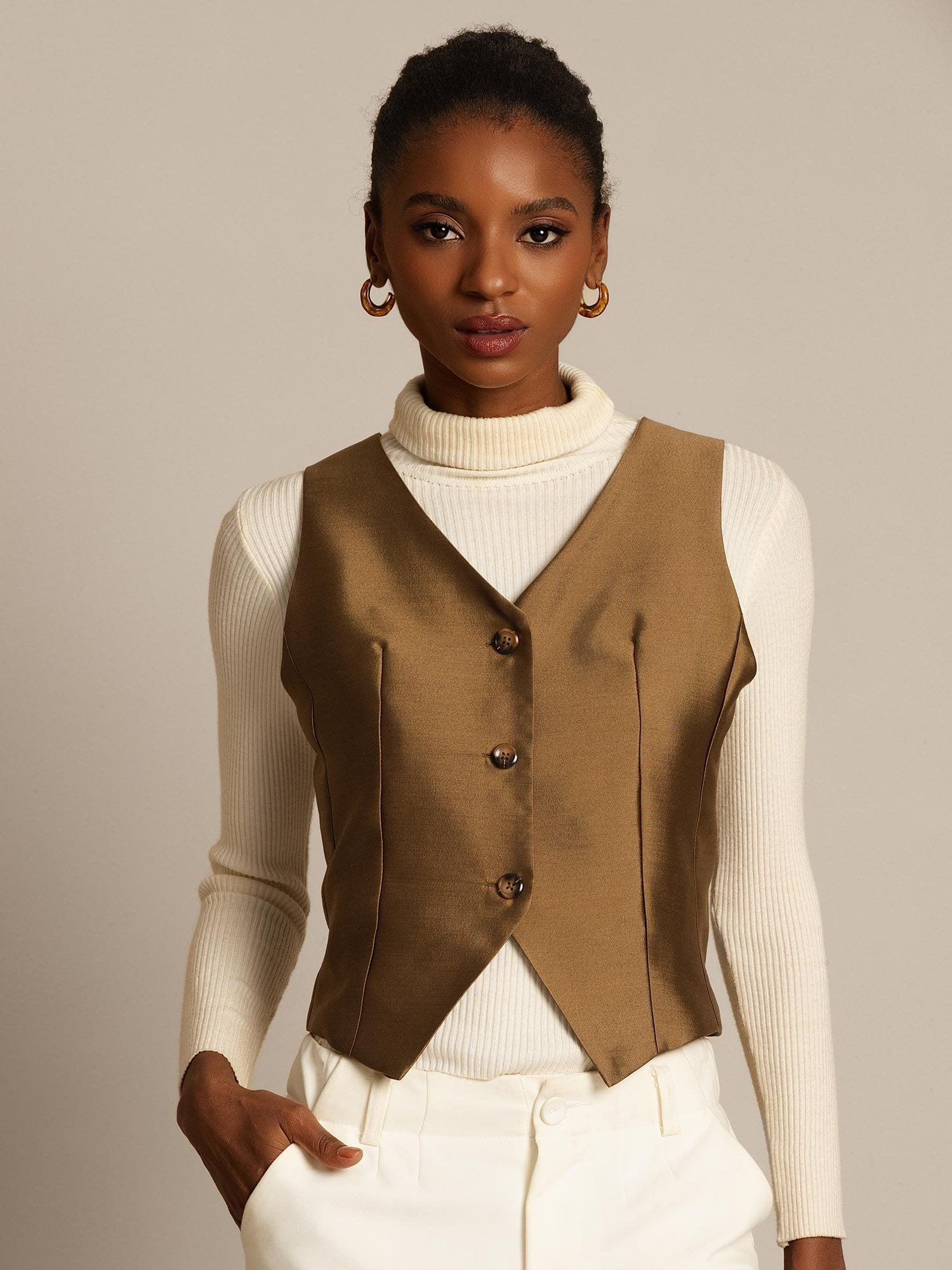 [Bronze] SilkSilky-UK 32Momme Silk-Wool Blend V Neck Women's Vest 001