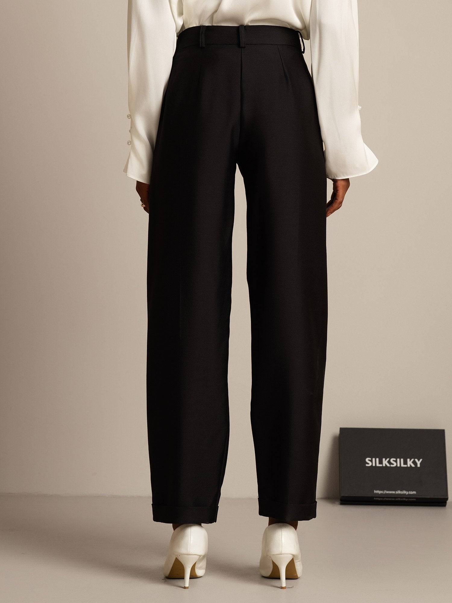 [Black] SilkSilky-UK 32Momme Silk-Wool Blend Womens Pants 002,