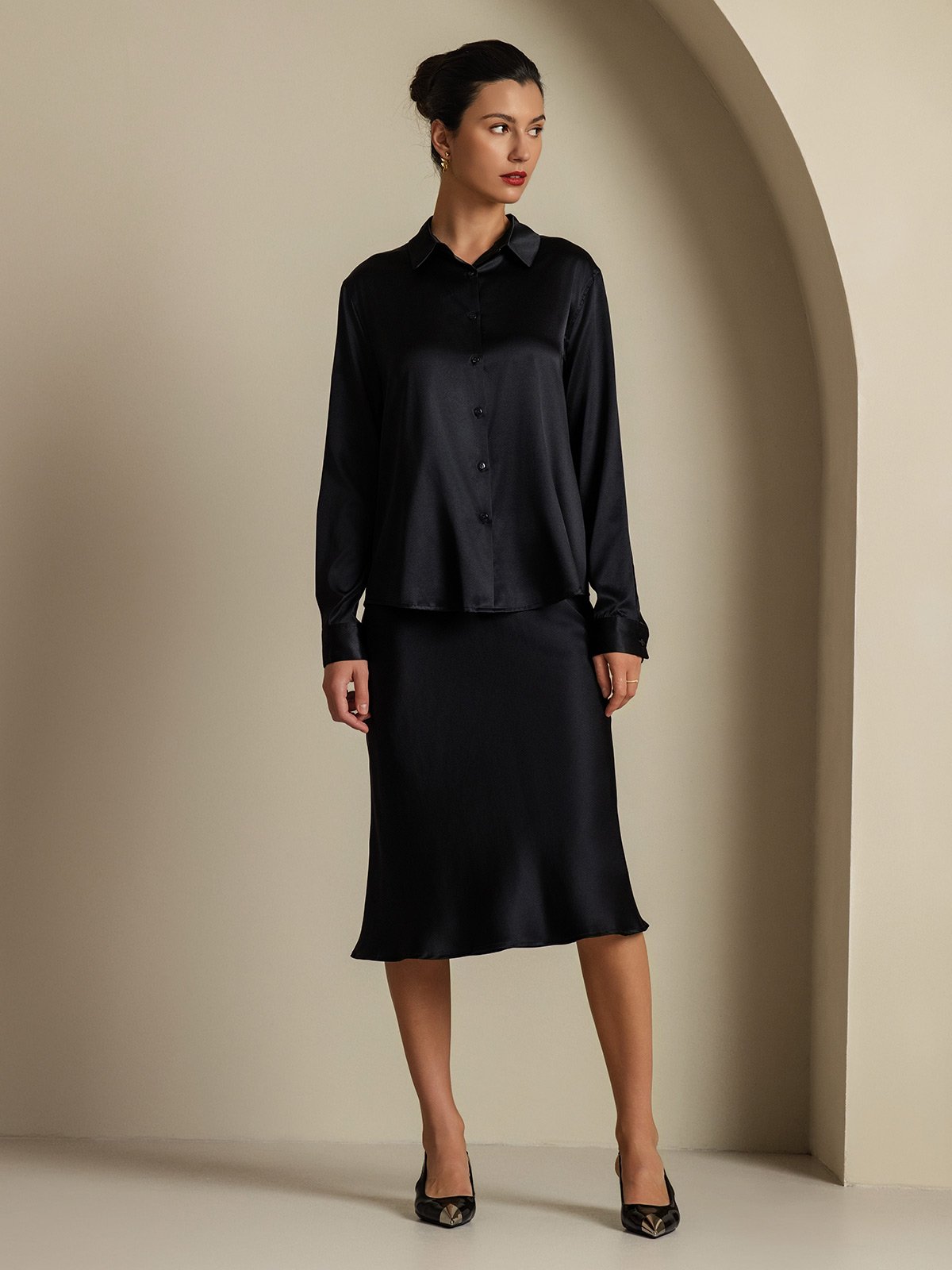 [Black] SilkSilky-UK 19Momme Silk Knitted Collar Women''s Outfit Sets 006,