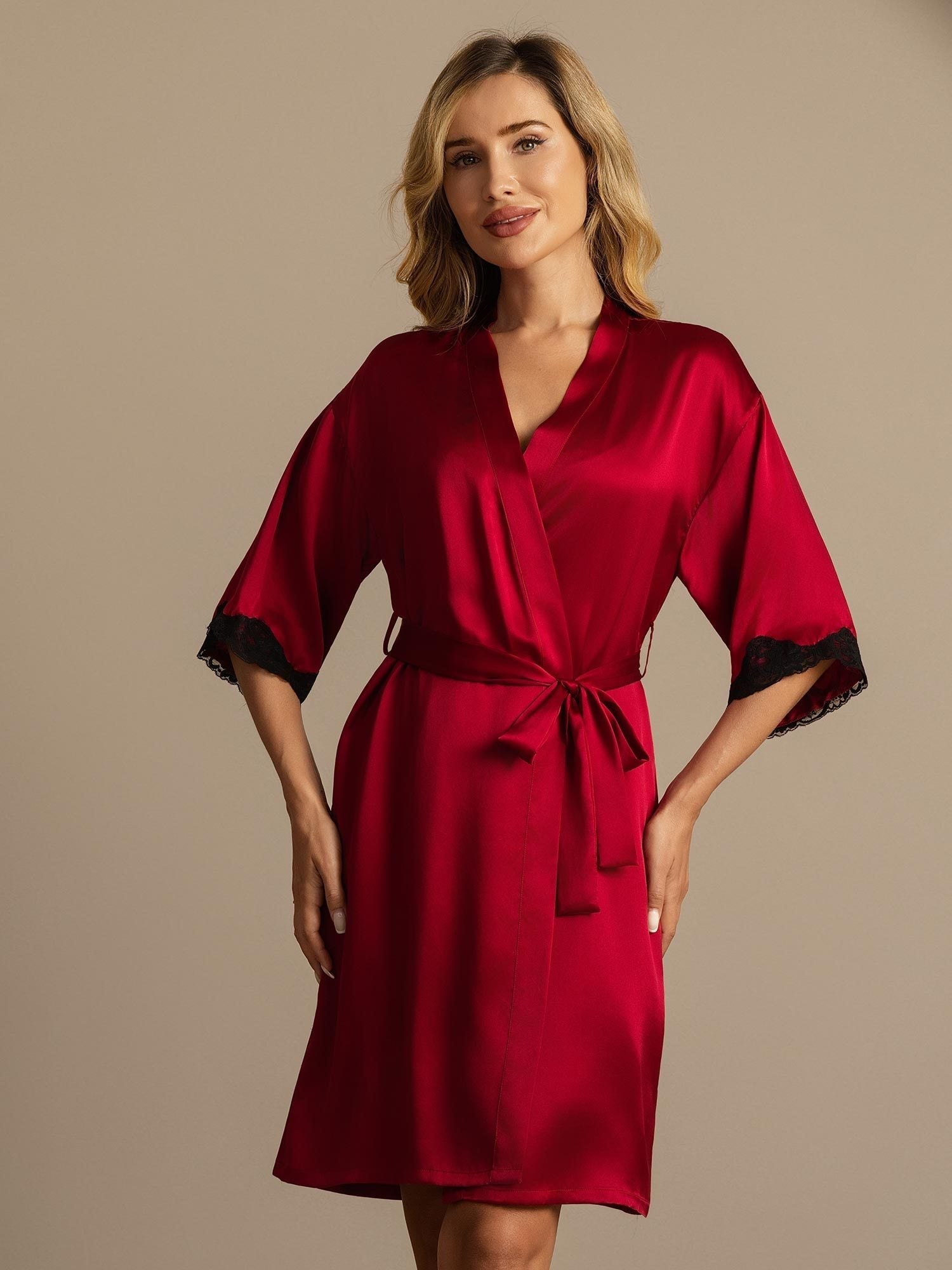 [Wine] SilkSilky-UK Half Sleeve Women's Dressing Gown 001