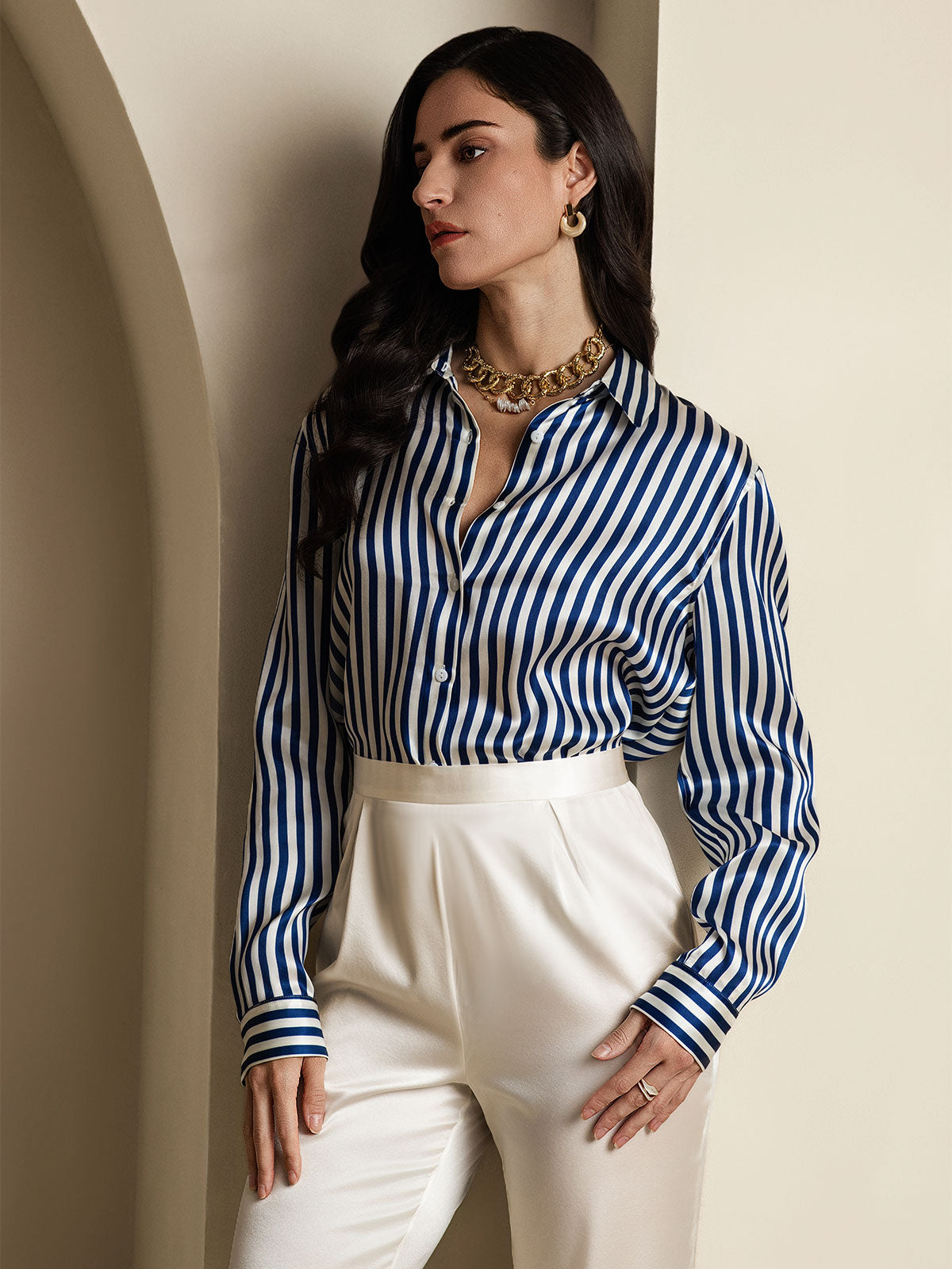 [Navy Stripe] SilkSilky-UK Silk Long Sleeve Collar Women's Shirt 005