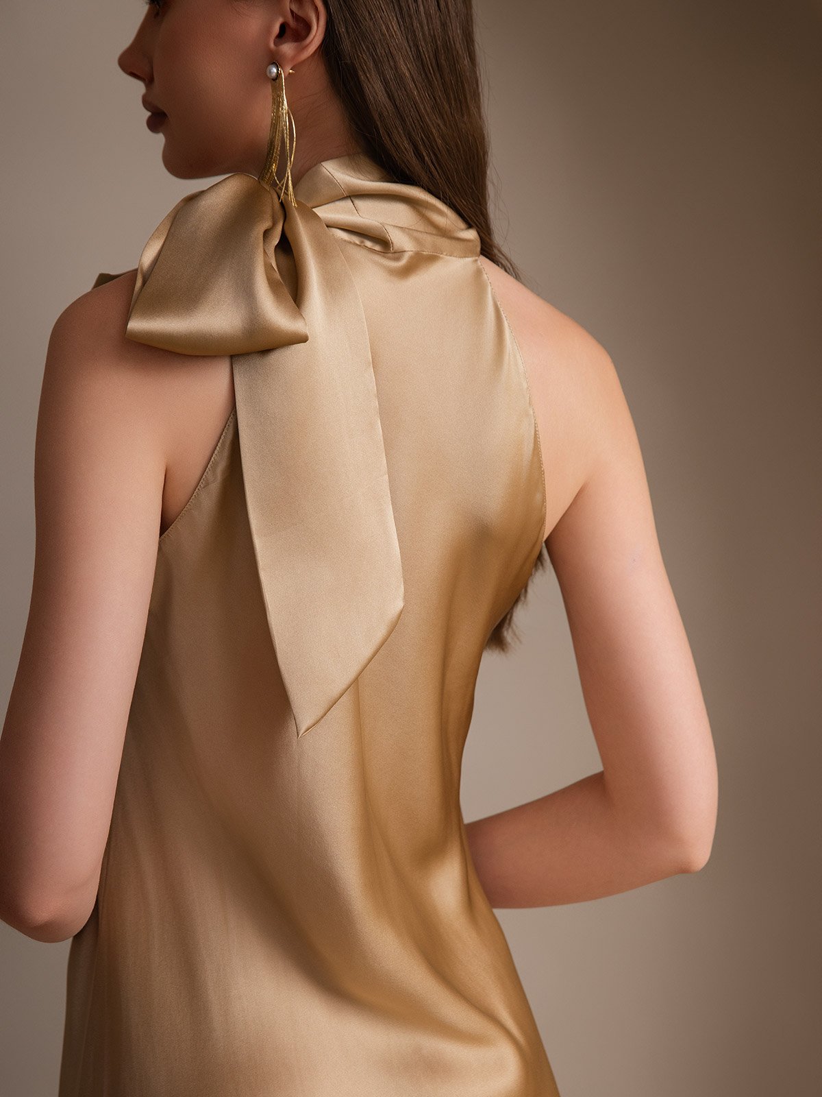 [Champagne] SilkSilky-UK 19Momme Silk Sleeveless Tie Neck Dress 004