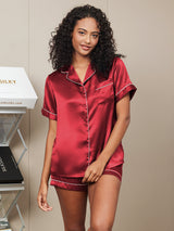 [Wine] SilkSilky-UK Short Sleeve Lapel Collar Women's Pyjamas 003