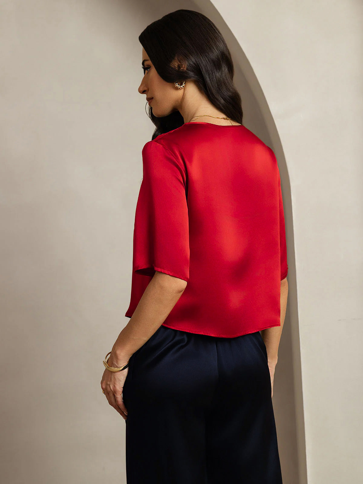 [Dark Red] SilkSilky-UK Pure Silk Boat Neck Women's T-Shirt 002