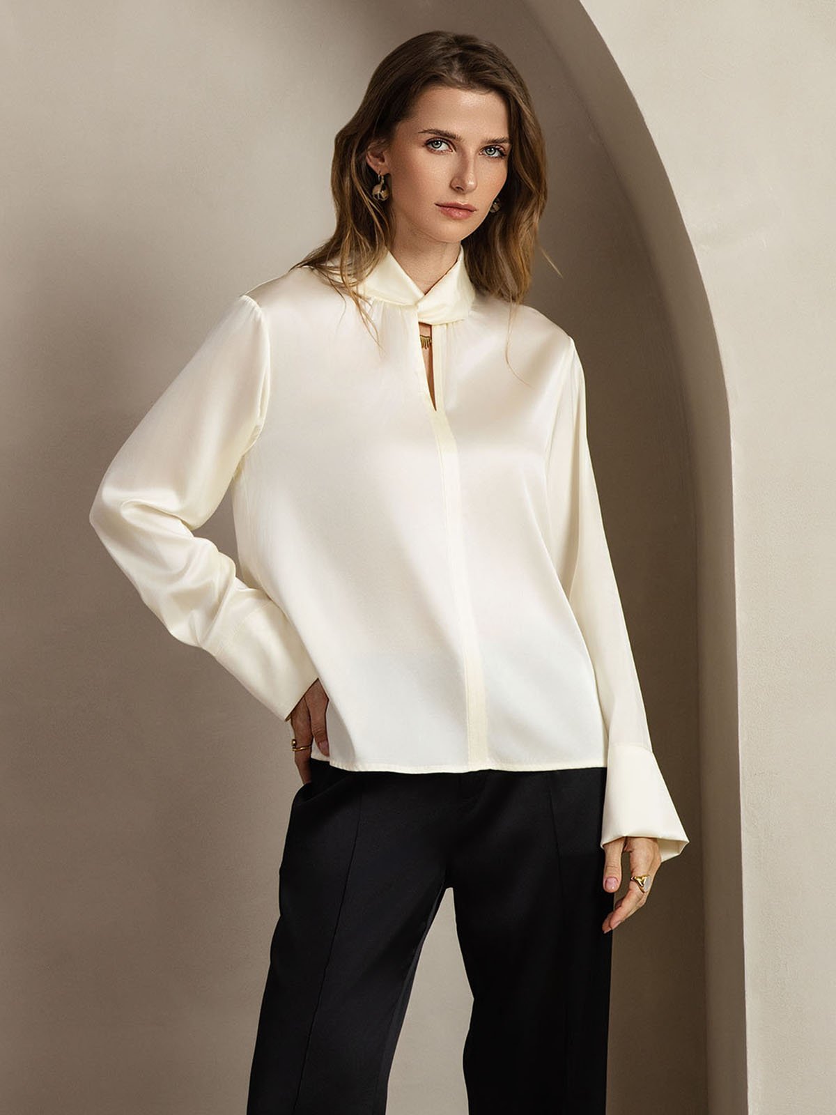 [Ivory] SilkSilky-UK 19Momme Silk Keyhole Neck Women's Shirt 008