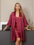 SilkSilky UK Pure Silk 3/4 Sleeve Nightgown&Robe Set Wine 005