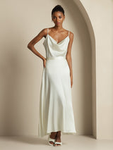 [White] SilkSilky-UK 19Momme Stretch Silk Charmeuse Spaghetti Strap Cowl Neck Women''s Outfit Sets 003