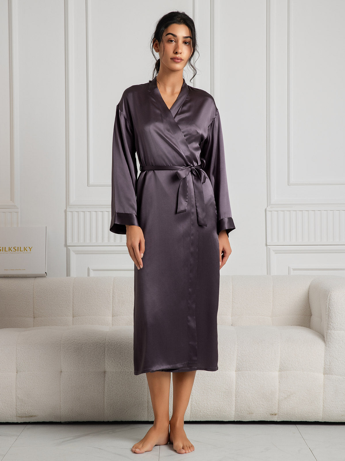 [Purple Gray] SilkSilky-UK Pure Silk Wrap Women's Dressing Gown 001