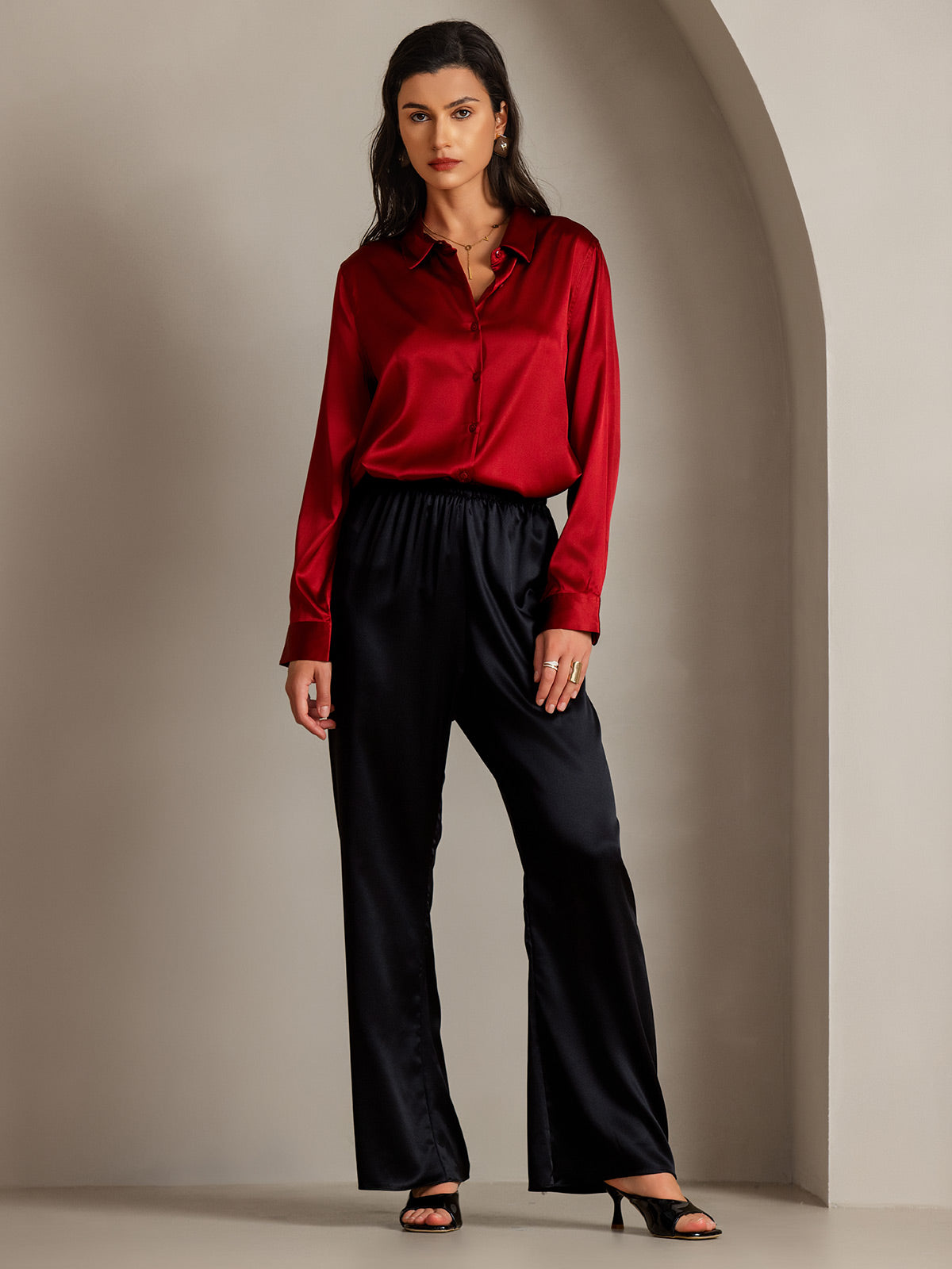 [Red] SilkSilky-UK Silk Collar Women's Shirt 003