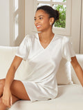 SilkSilky UK Pure Silk Short Sleeve V Neck Nightdress White 001