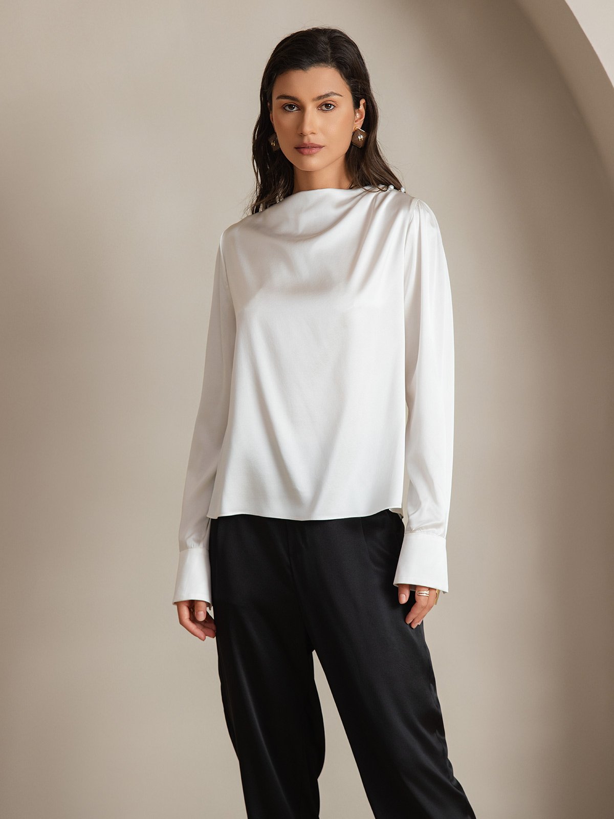 [White] SilkSilky-UK 19Momme Silk Boat Neck Women's Shirt 001