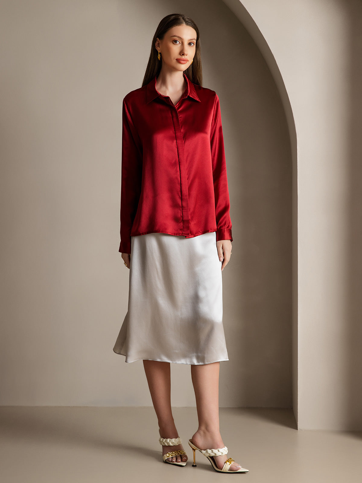 [Wine] SilkSilky-UK 19Momme Silk Collar Women's Shirt 004