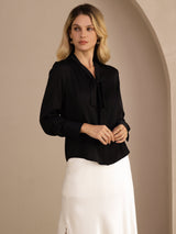[Black] SilkSilky-UK Long Sleeve Tie Neck Women's Blouse 003