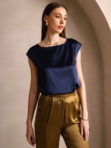 [Dark Blue] SilkSilky-UK Cap Sleeve Round Neck Women's T-Shirt 001
