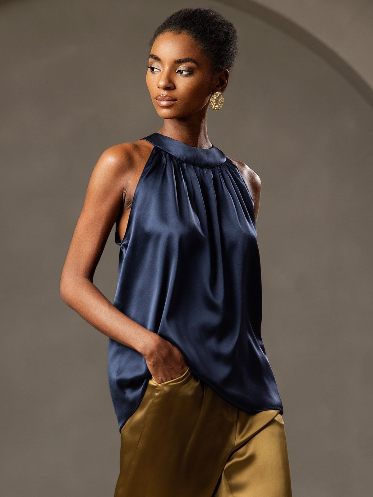 [Dark Blue] SilkSilky-UK 19Momme Silk Sleeveless Halter Neck Women's T-Shirt 001