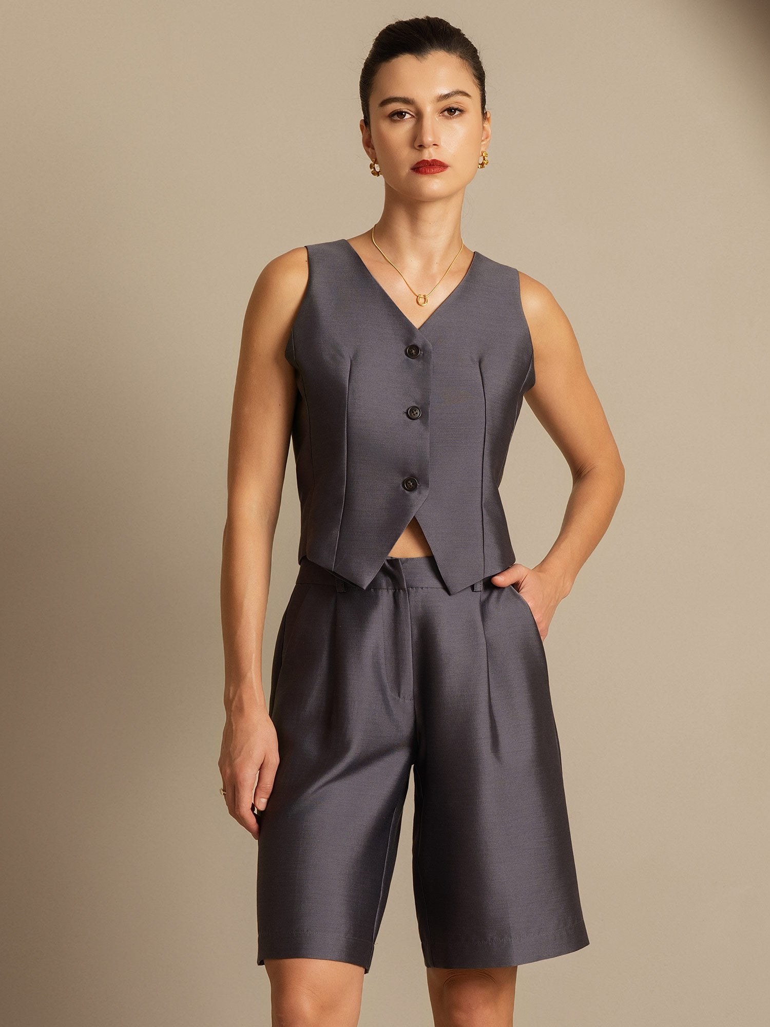 [Gray] SilkSilky-UK 32Momme Silk-Wool Blend V Neck Women's Vest 006