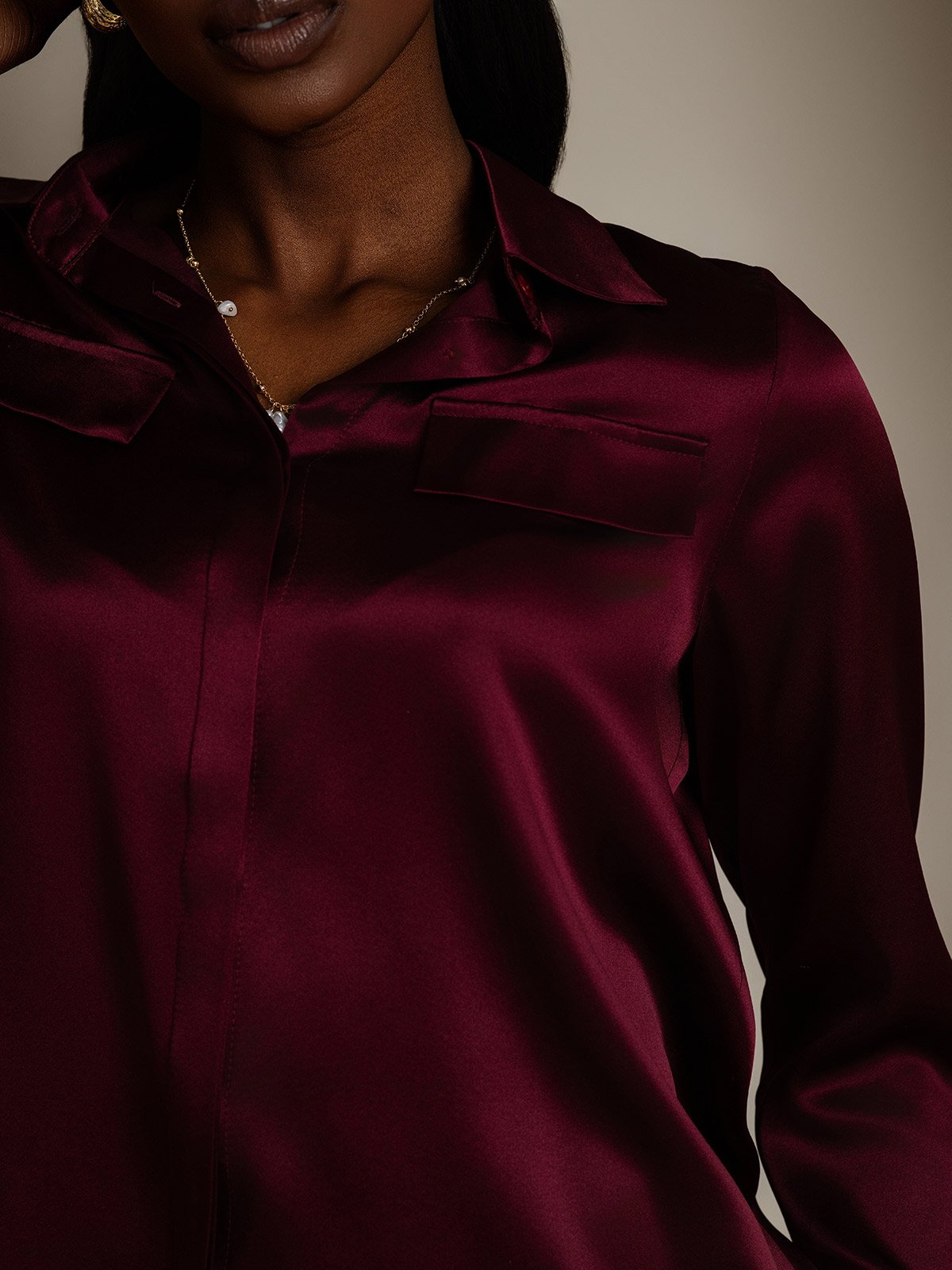 SilkSilky-UK 19Momme Silk Long Sleeve Collar Women's Shirt DarkRed 008