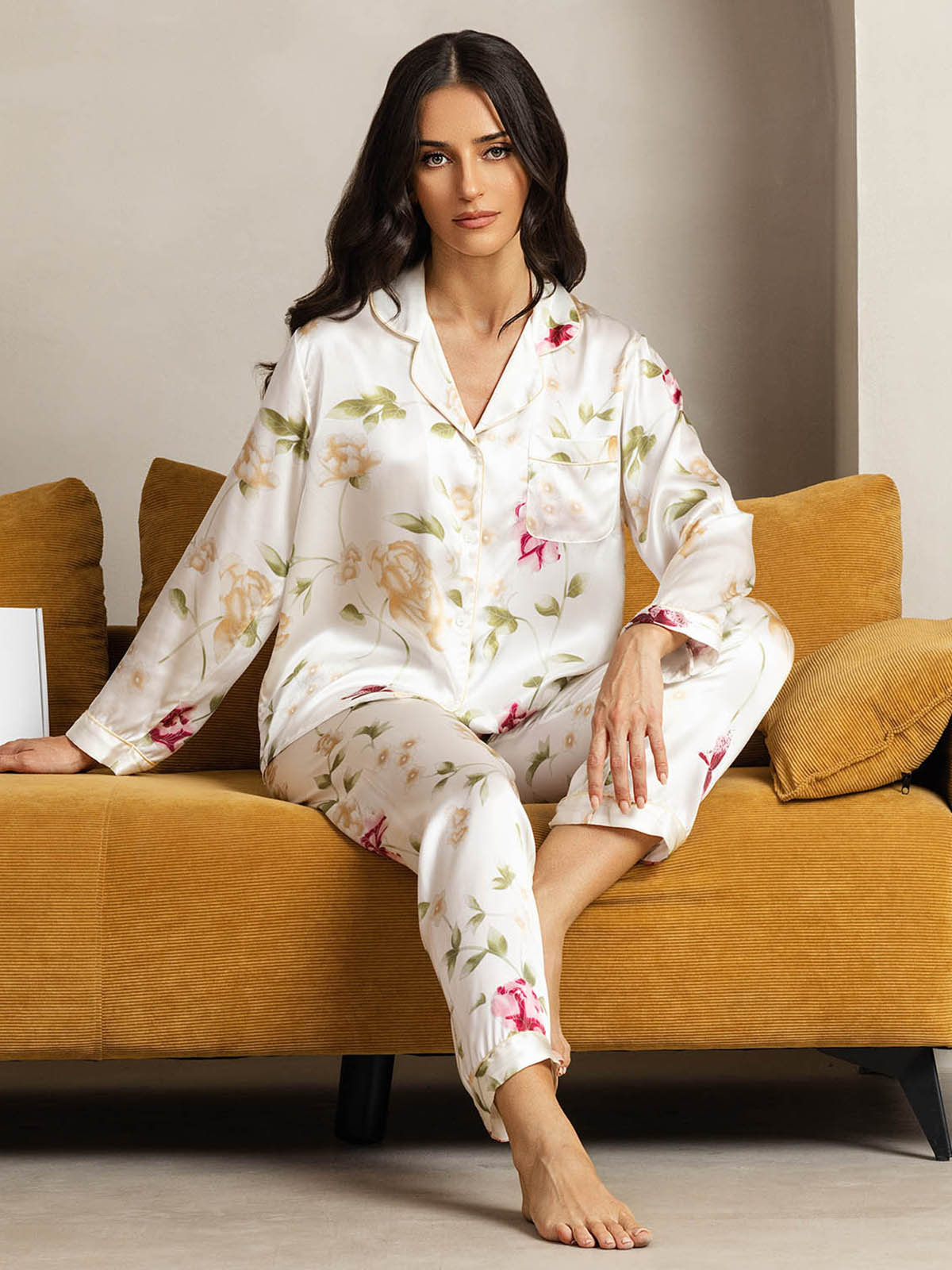 [Ivory Floral] SilkSilky-UK Pure Silk Womens Pajamas 004