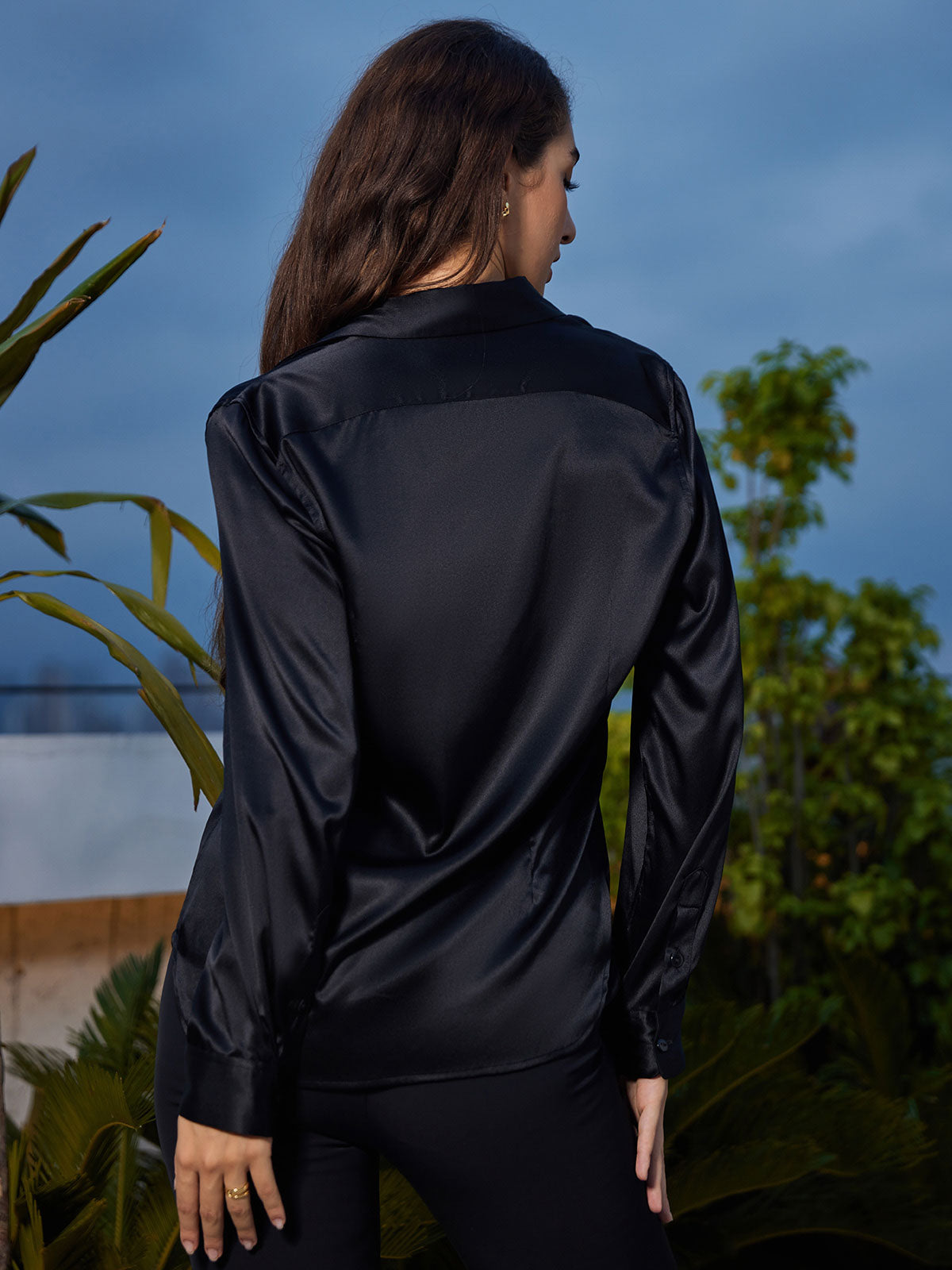 [Black] SilkSilky-UK 19Momme Stretch Silk Charmeuse Long Sleeve Lapel Collar Women's Shirt 002