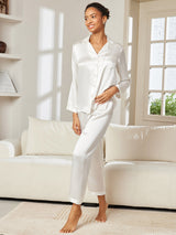 [White] SilkSilky-UK Long Sleeve Lapel Collar Women's Pyjamas 004