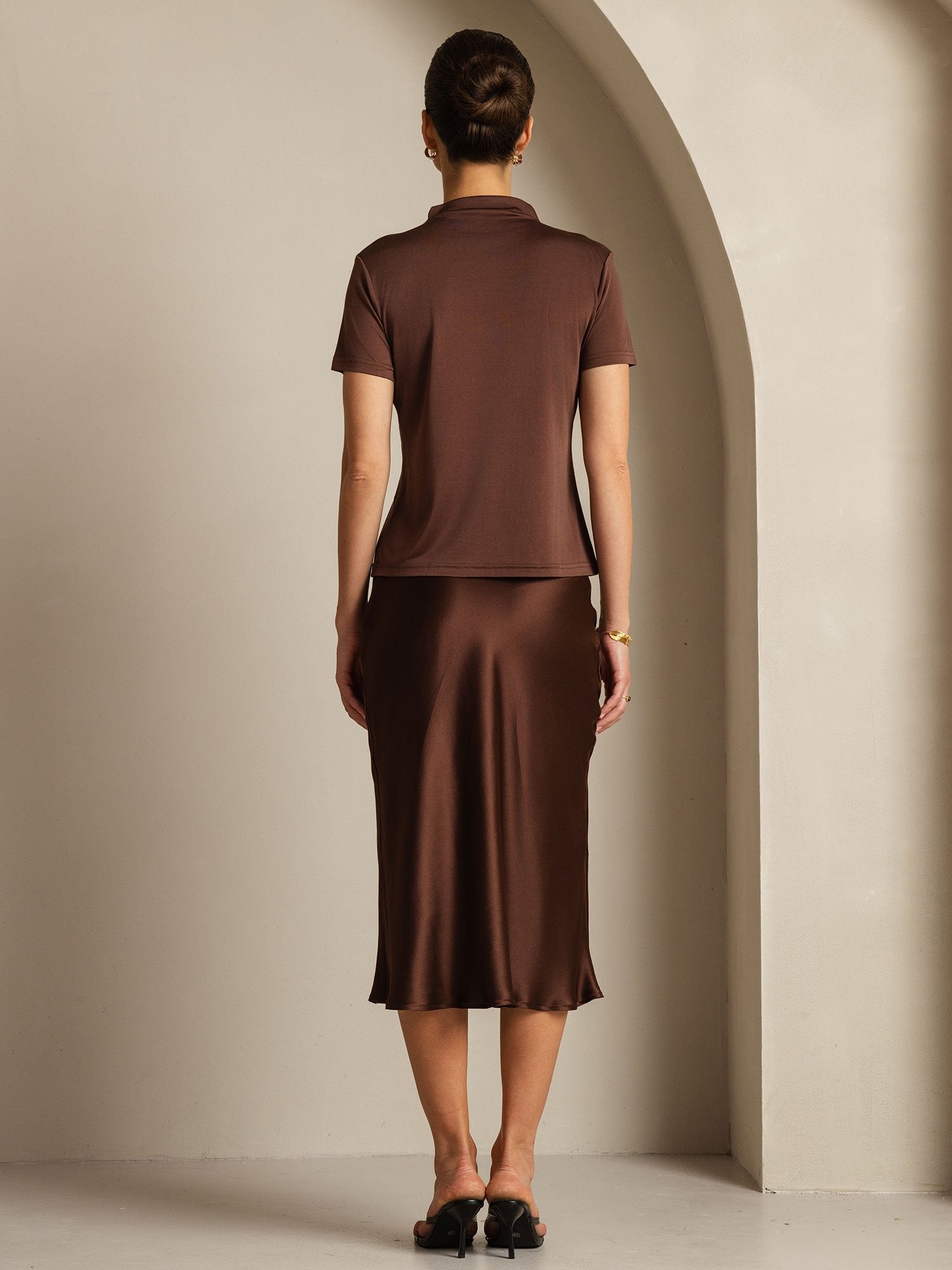 [Coffee] SilkSilky-UK Pure Silk Collar Women's T-Shirt 007